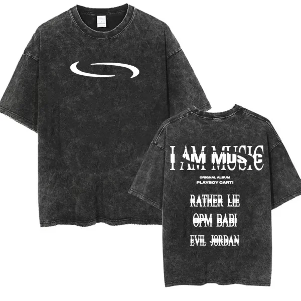 Retro Washed Playboi Carti I AM MUSIC Logo T Shirt Opium Ken Carson Narcissist Tour Antagonist Rap T-shirts Men's Oversized Tees - Image 4