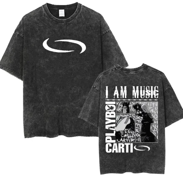 Retro Washed Playboi Carti I AM MUSIC Logo T Shirt Opium Ken Carson Narcissist Tour Antagonist Rap T-shirts Men's Oversized Tees - Image 2