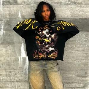 Trendy Brand Hip-hop Rock Long-sleeved Tops Men Y2k Harajuku Retro Anime Letter Print American Street Round Neck T-shirt Women