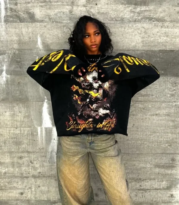 Trendy Brand Hip-hop Rock Long-sleeved Tops Men Y2k Harajuku Retro Anime Letter Print American Street Round Neck T-shirt Women
