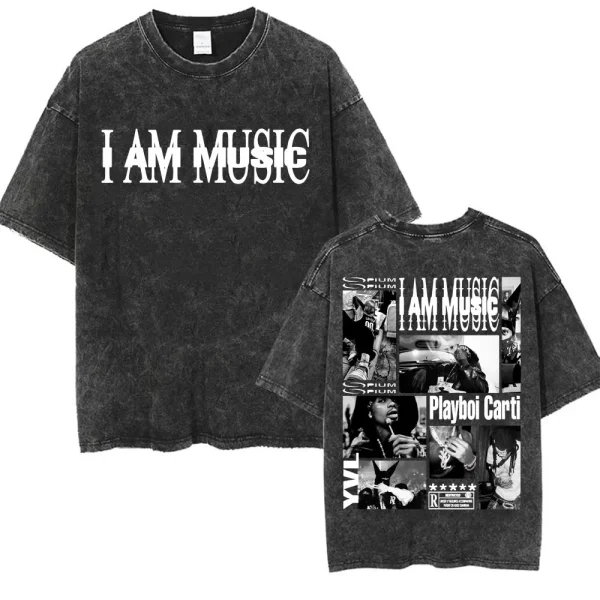Retro Washed Playboi Carti I AM MUSIC Logo T Shirt Opium Ken Carson Narcissist Tour Antagonist Rap T-shirts Men's Oversized Tees - Image 5