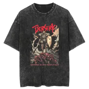 Washed Berserk Cotton Mens Vintage Japan Anime Oversize Shirts Streetwear Harajuku Summer Short Sleeve TShirt Loose Cotton Tops