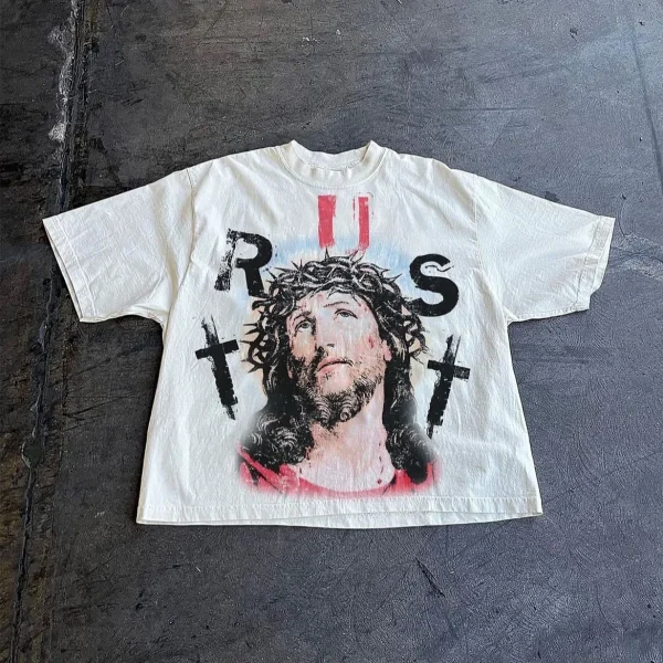Classic Character Printed T-shirt Pure Cotton Oversized Long-sleeved Shirt Retro Street Casual Gothic Printed T-shirt Lovers - Image 6