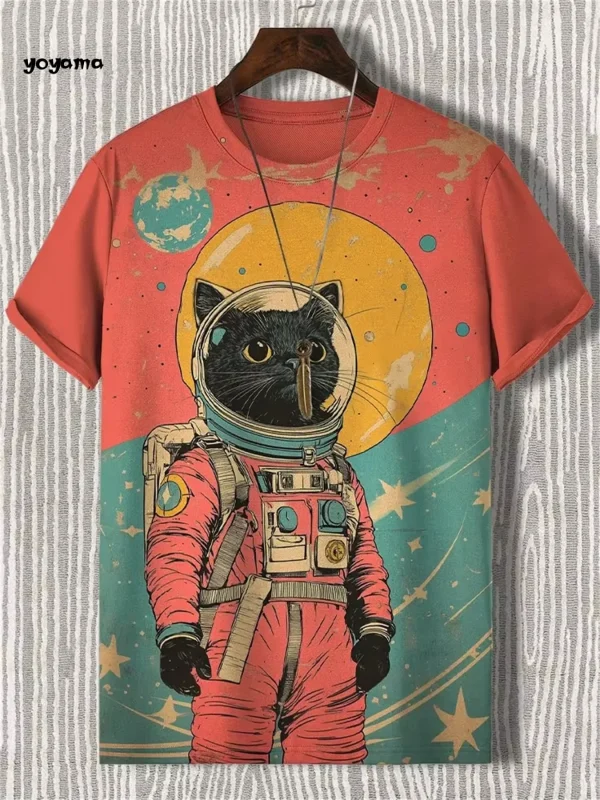 Fun Men's Cat Print T-Shirt 3D Art Cat Pattern Short Sleeve T-Shirt Oversized Round Neck Top Summer Street Casual Men's Clothing