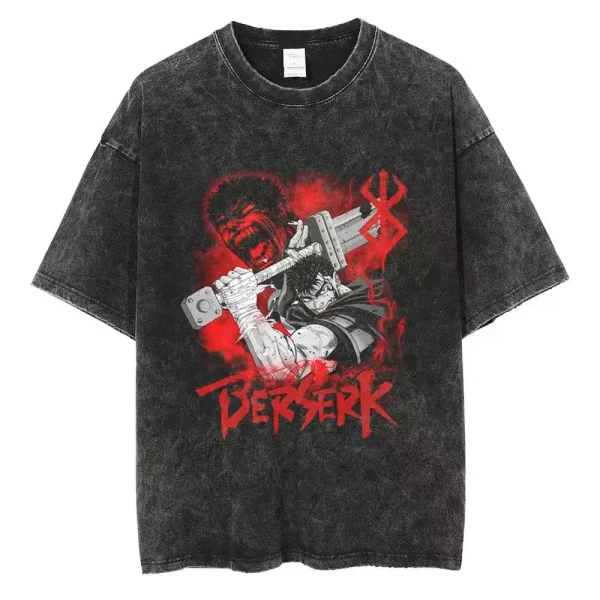 Washed Berserk Cotton Mens Vintage Japan Anime Oversize Shirts Streetwear Harajuku Summer Short Sleeve TShirt Loose Cotton Tops - Image 5